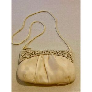 Vintage GENIE Cream Beaded Evening Bag Purse w/ Handle Made in Korea Statement